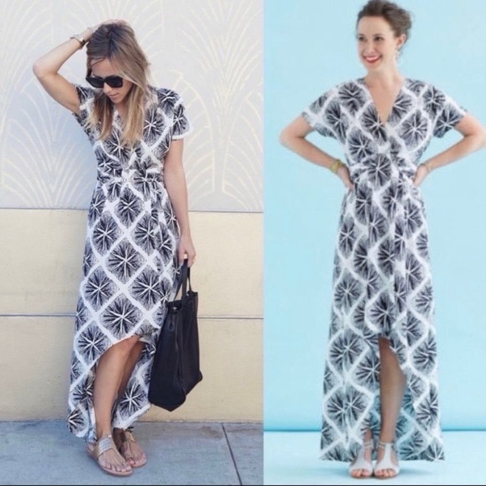 Anthropologie WHIT TWO Starfish Hi Low Maxi Dress Black White Pockets Size 8